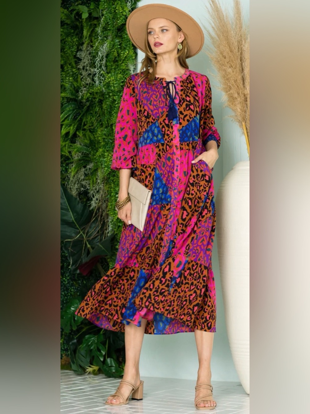 Bohemian Tie-Neck Maxi Dress in Fuchsia & Blue Patchwork